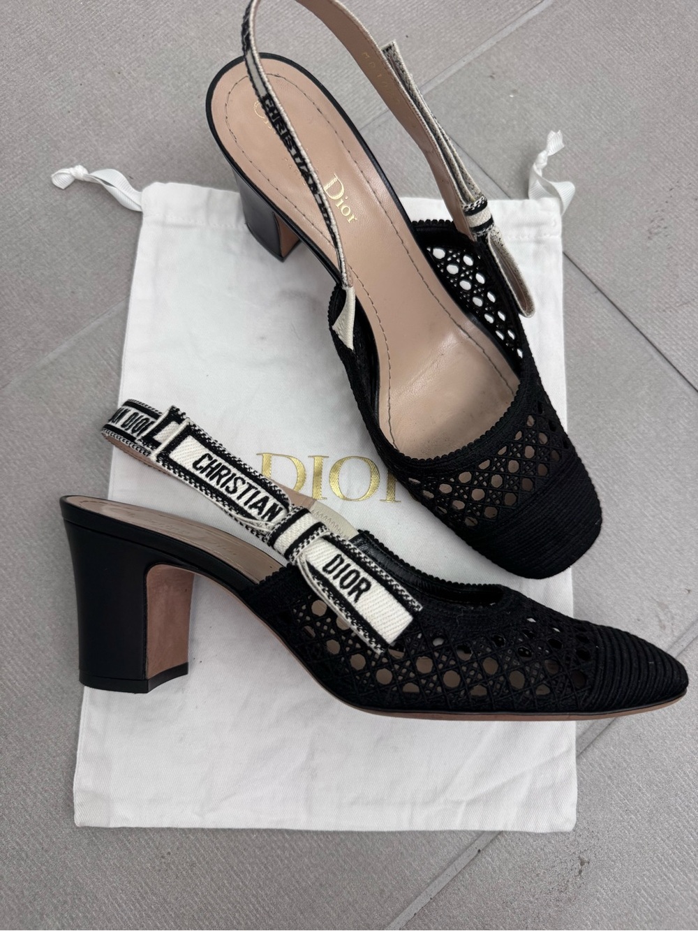 Dior Black Crochet Slingback Heels with White Branded Strap